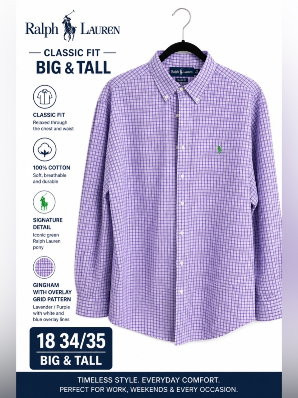 Ralph Lauren Classic Fit Button Down Shirt Men’s 18 34/35 Lavender/Blue Gingham